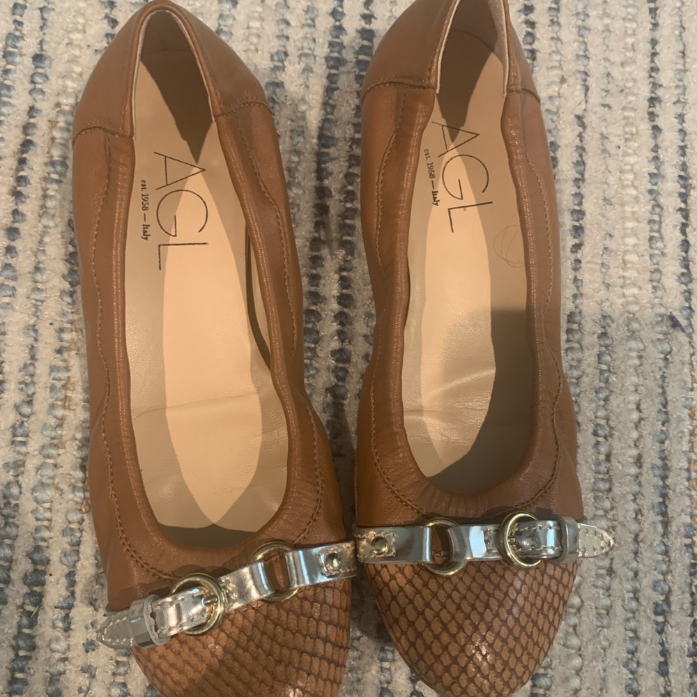 AGL Brown Leather Flats with Silver Accents - Picture 3 of 7